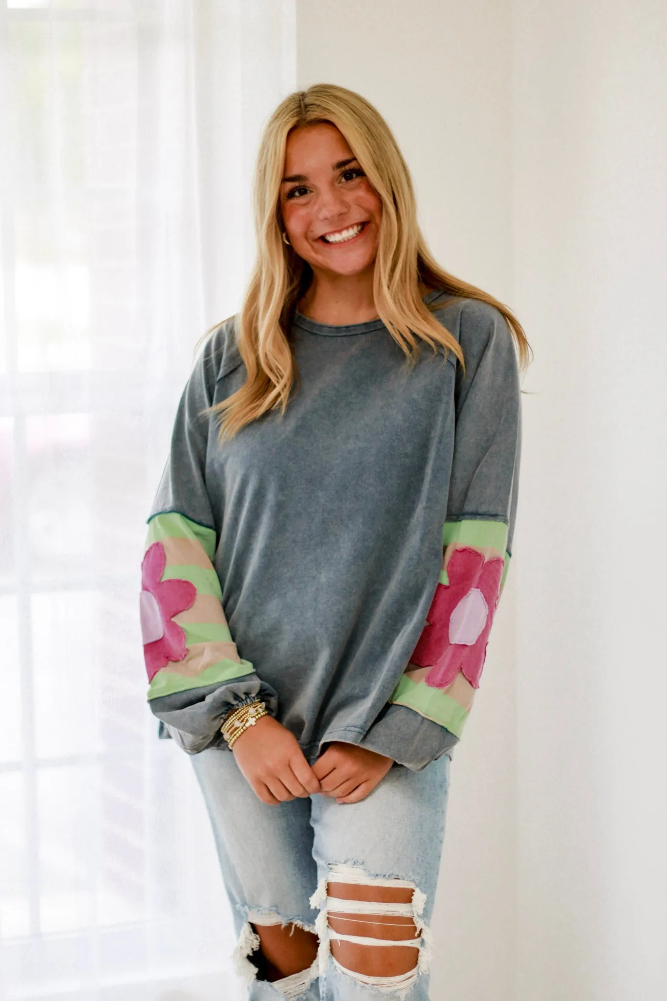 Friends Forever Floral Pullover in Washed Denim