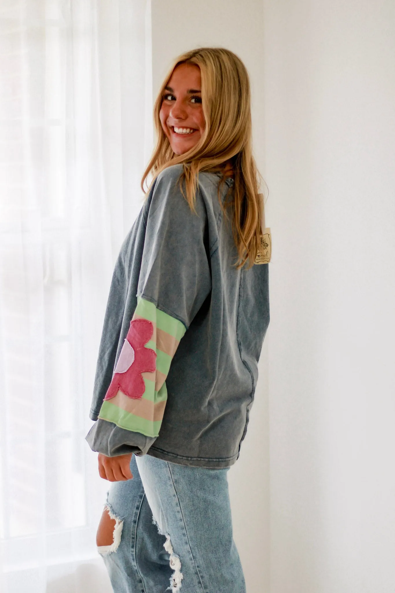 Friends Forever Floral Pullover in Washed Denim