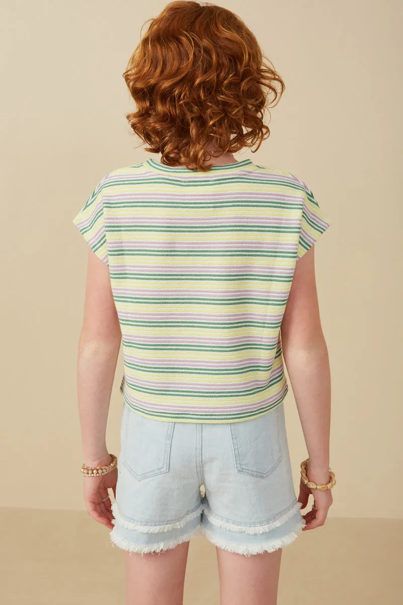 Girls Engineered Stripe Textured Knit Boxy Tee