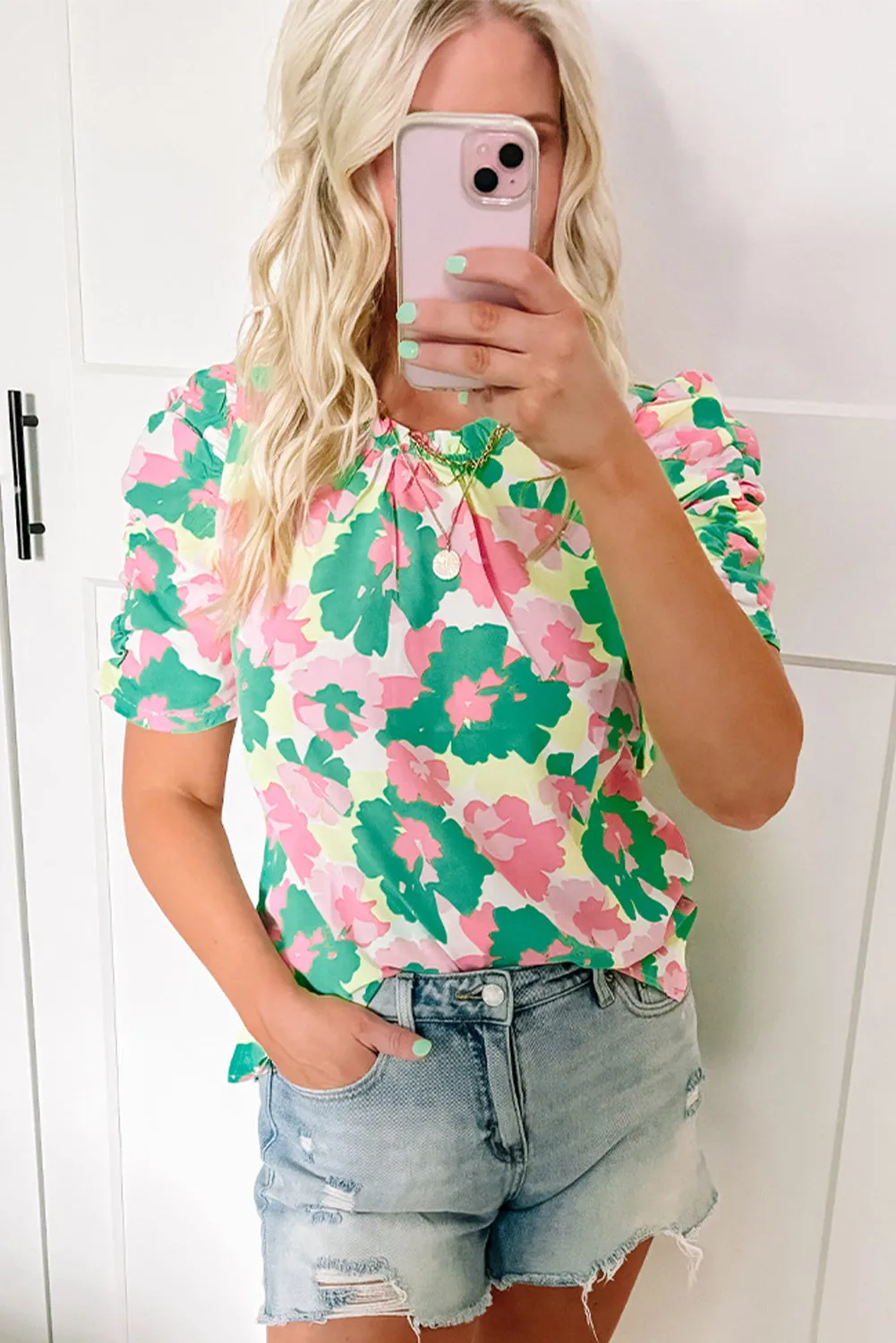 Green Abstract Print Frilly Neck Ruched Short Sleeve Blouse