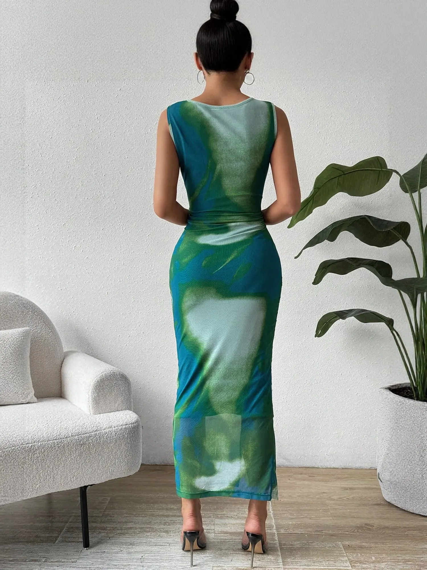 Green Fitted Midi Dress With Side Ruching Detail
