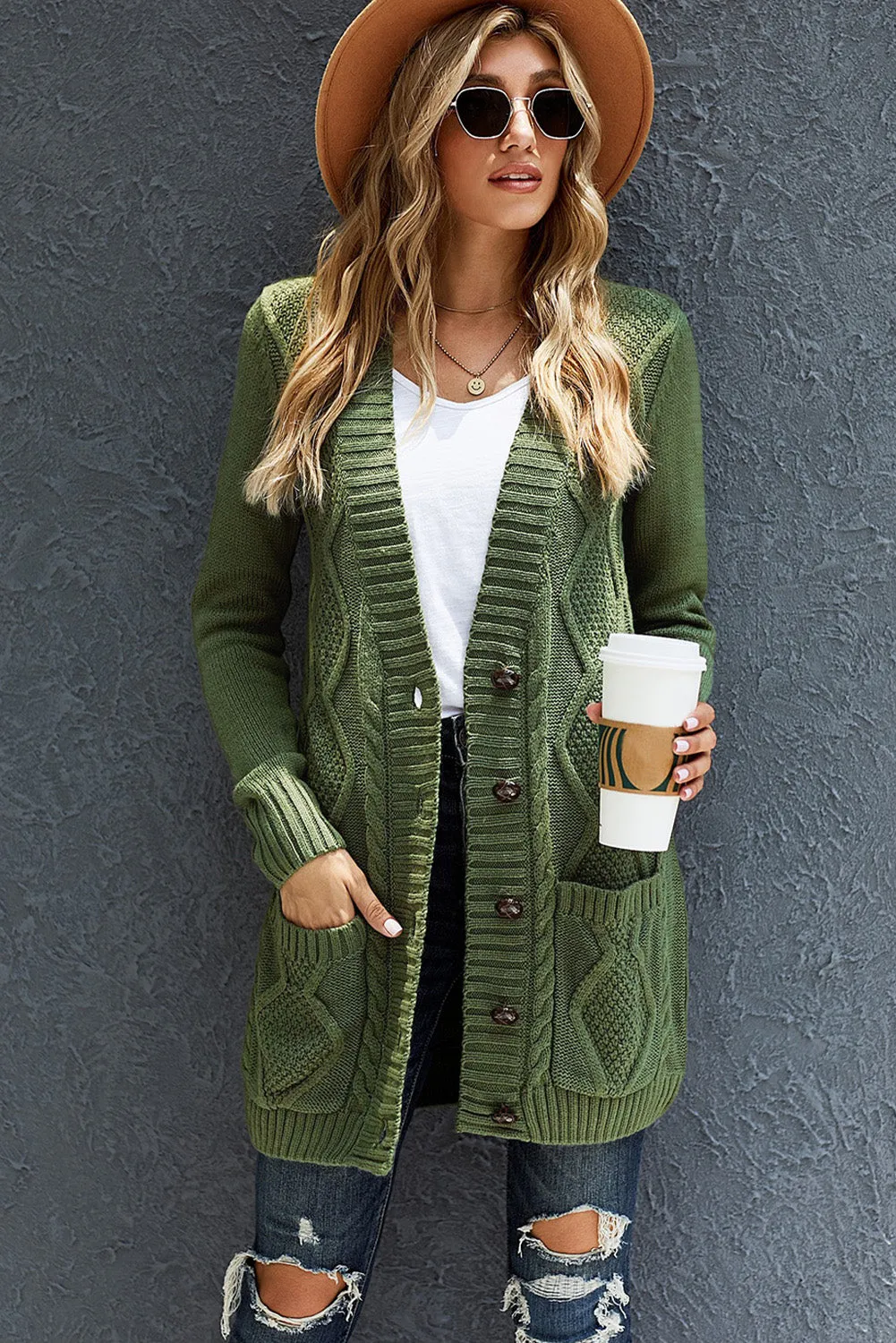 Green Front Pocket and Buttons Closure Cardigan