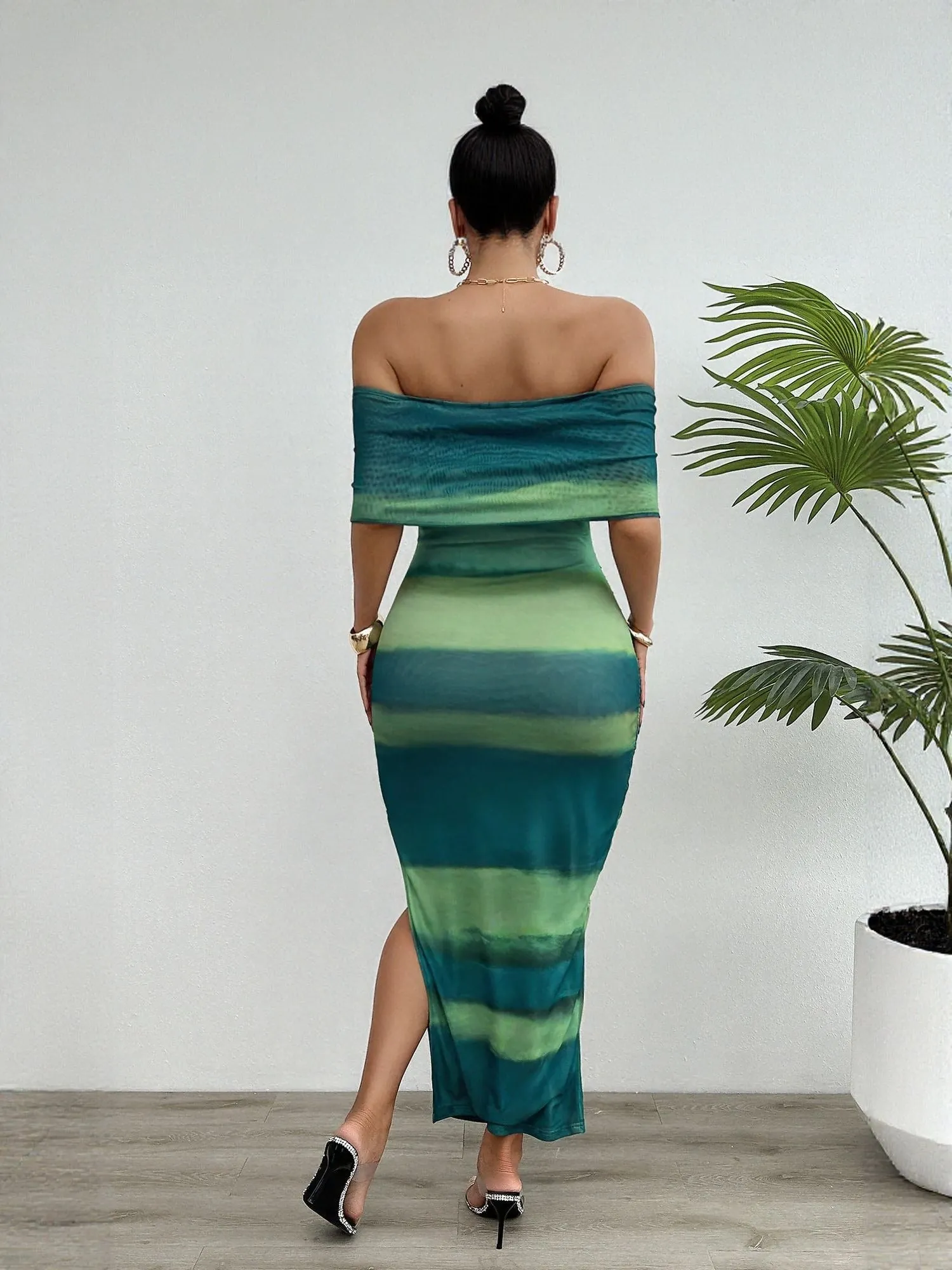 Green Off Shoulder Fitted Maxi Dress