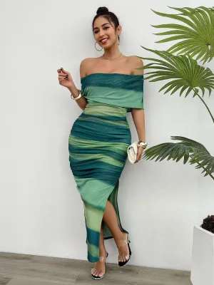 Green Off Shoulder Fitted Maxi Dress