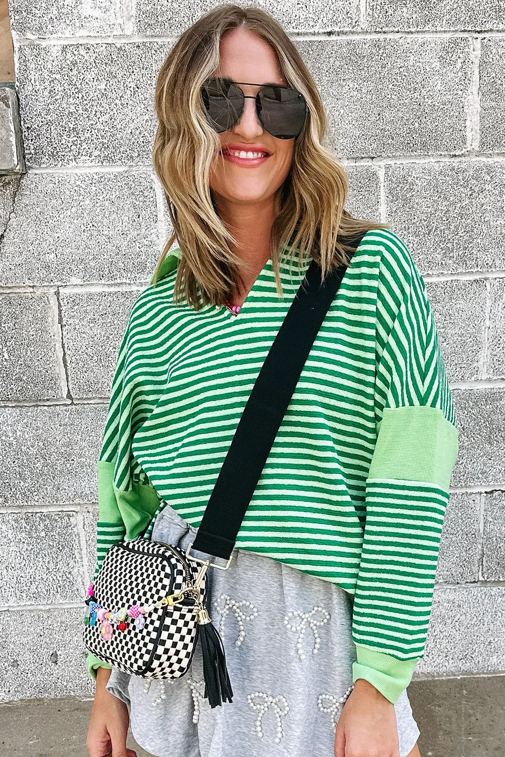 Green Stripe Turn-Down V Neck Patchwork Loose Top