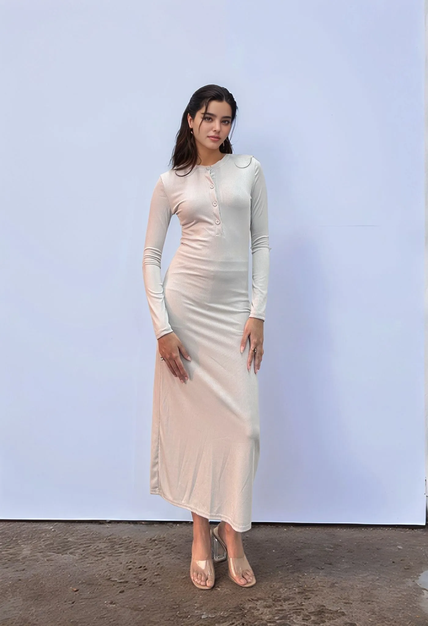 Grey Button Down Rib Fitted Dress