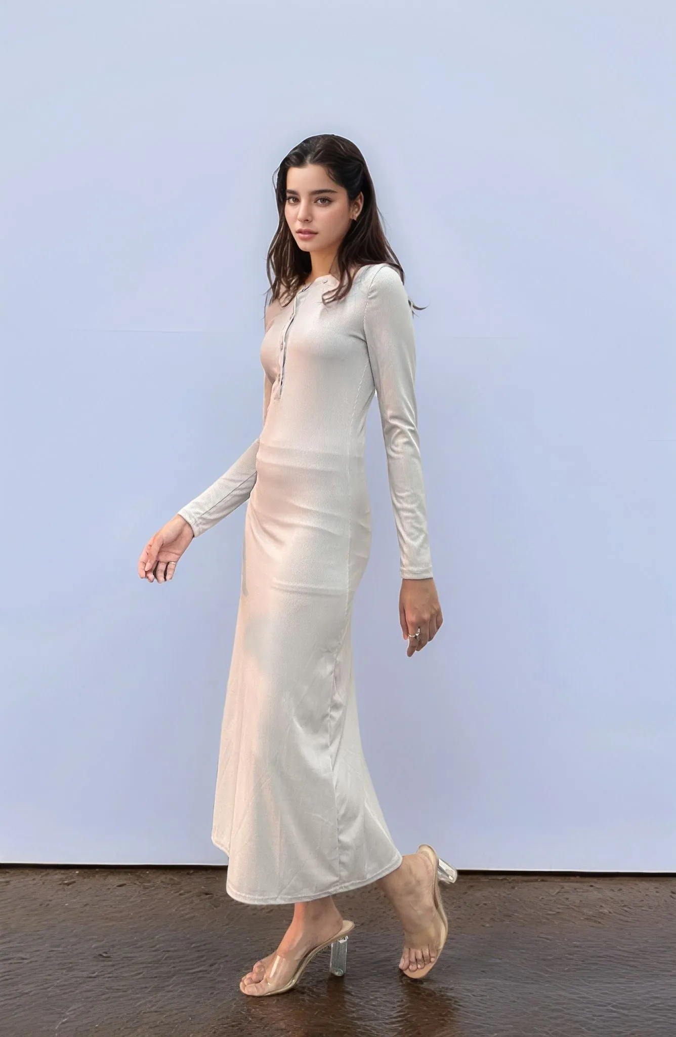 Grey Button Down Rib Fitted Dress