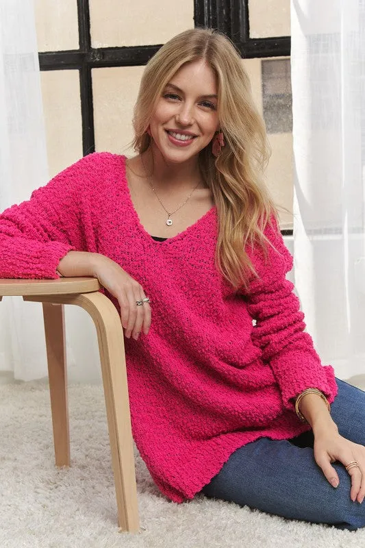 Hot Pink High-Low Side Slit V-Neck Sweater