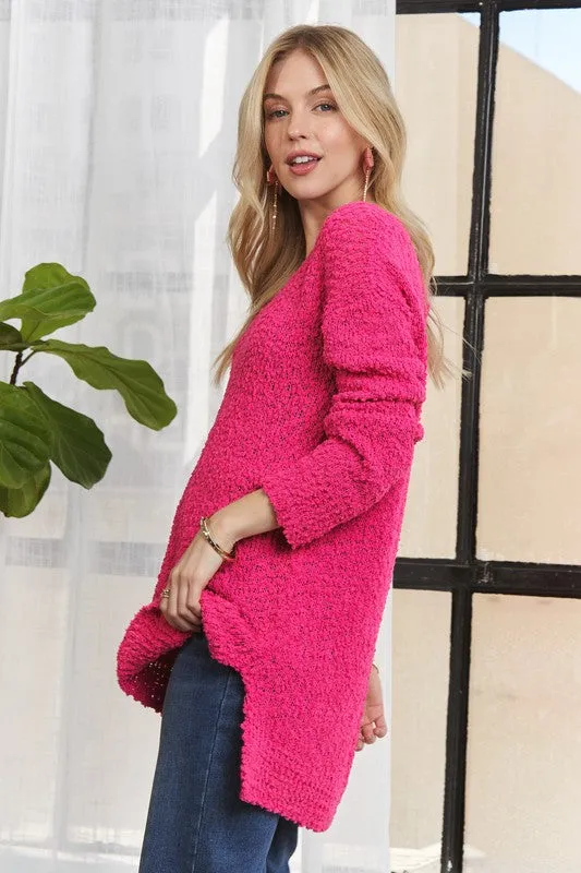 Hot Pink High-Low Side Slit V-Neck Sweater