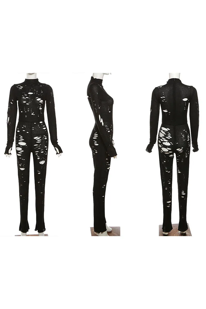 JI0291 Ripped Sheer Knit Jumpsuits