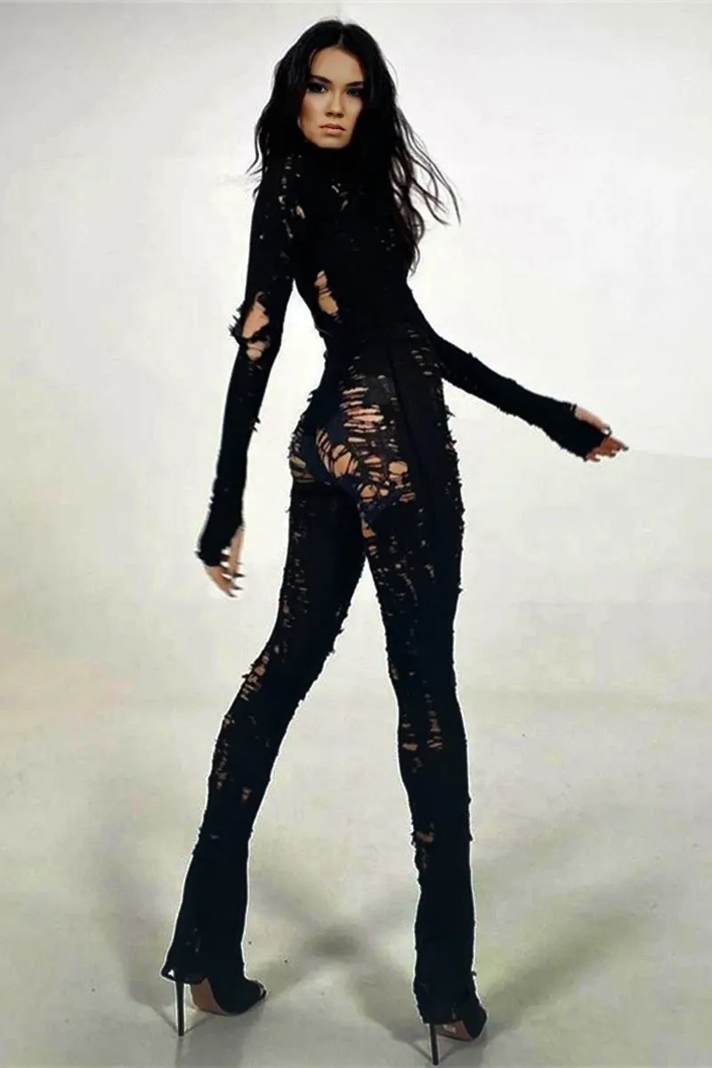 JI0291 Ripped Sheer Knit Jumpsuits