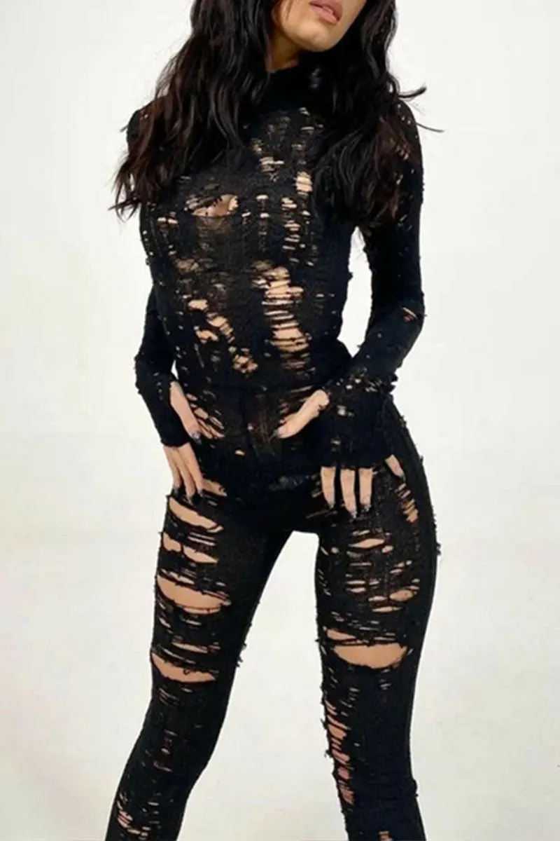 JI0291 Ripped Sheer Knit Jumpsuits