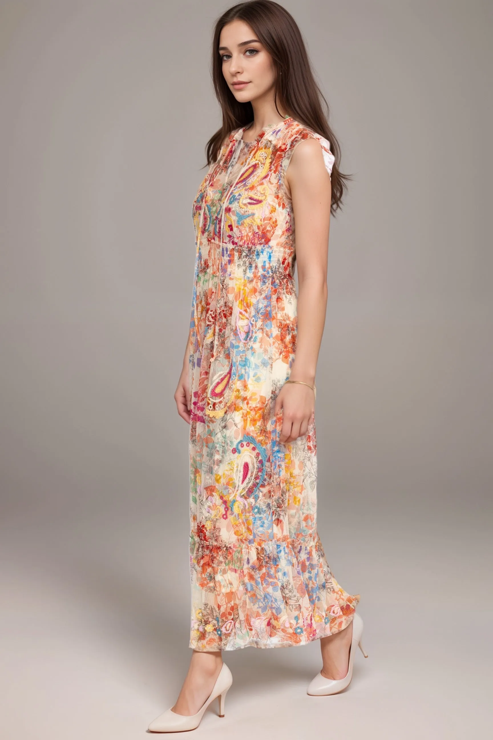 Johnny Was Biya Mazzy Tie Mesh Maxi Dress B31624