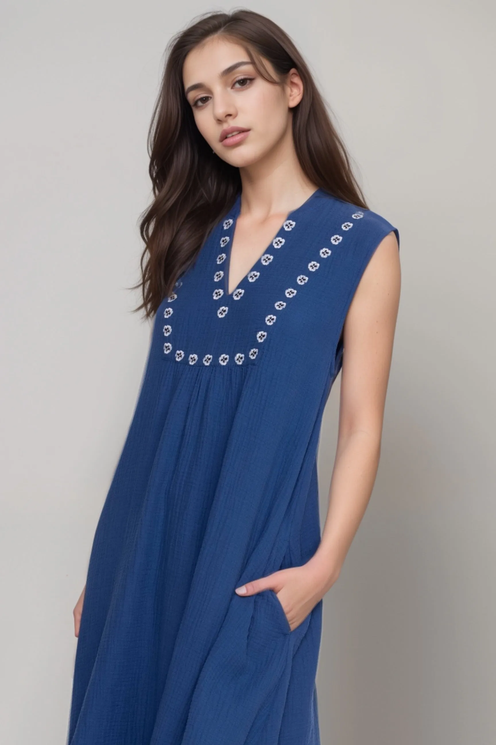 Johnny Was Calme Blue Gauze Mandarin Collar Trapeze Dress R38624-8