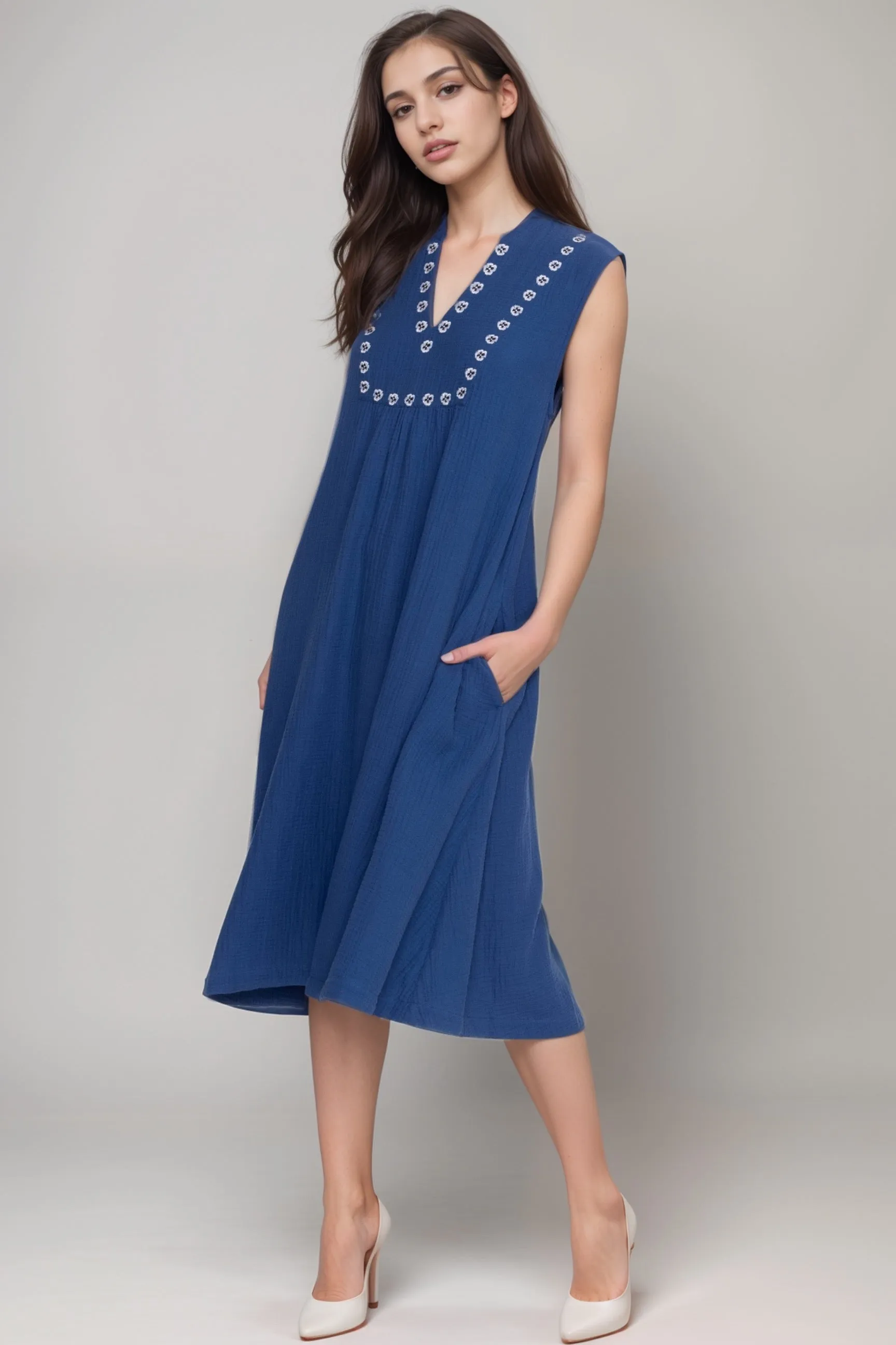 Johnny Was Calme Blue Gauze Mandarin Collar Trapeze Dress R38624-8