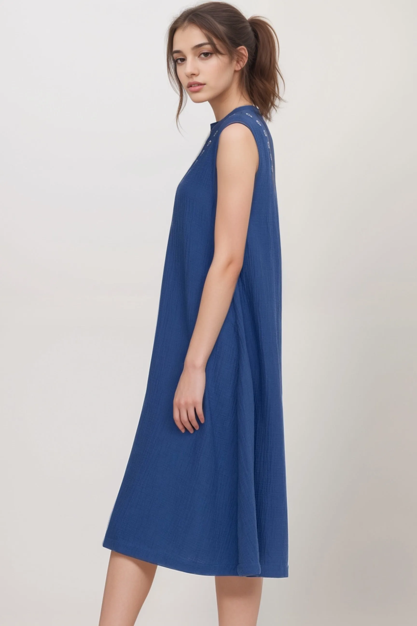 Johnny Was Calme Blue Gauze Mandarin Collar Trapeze Dress R38624-8