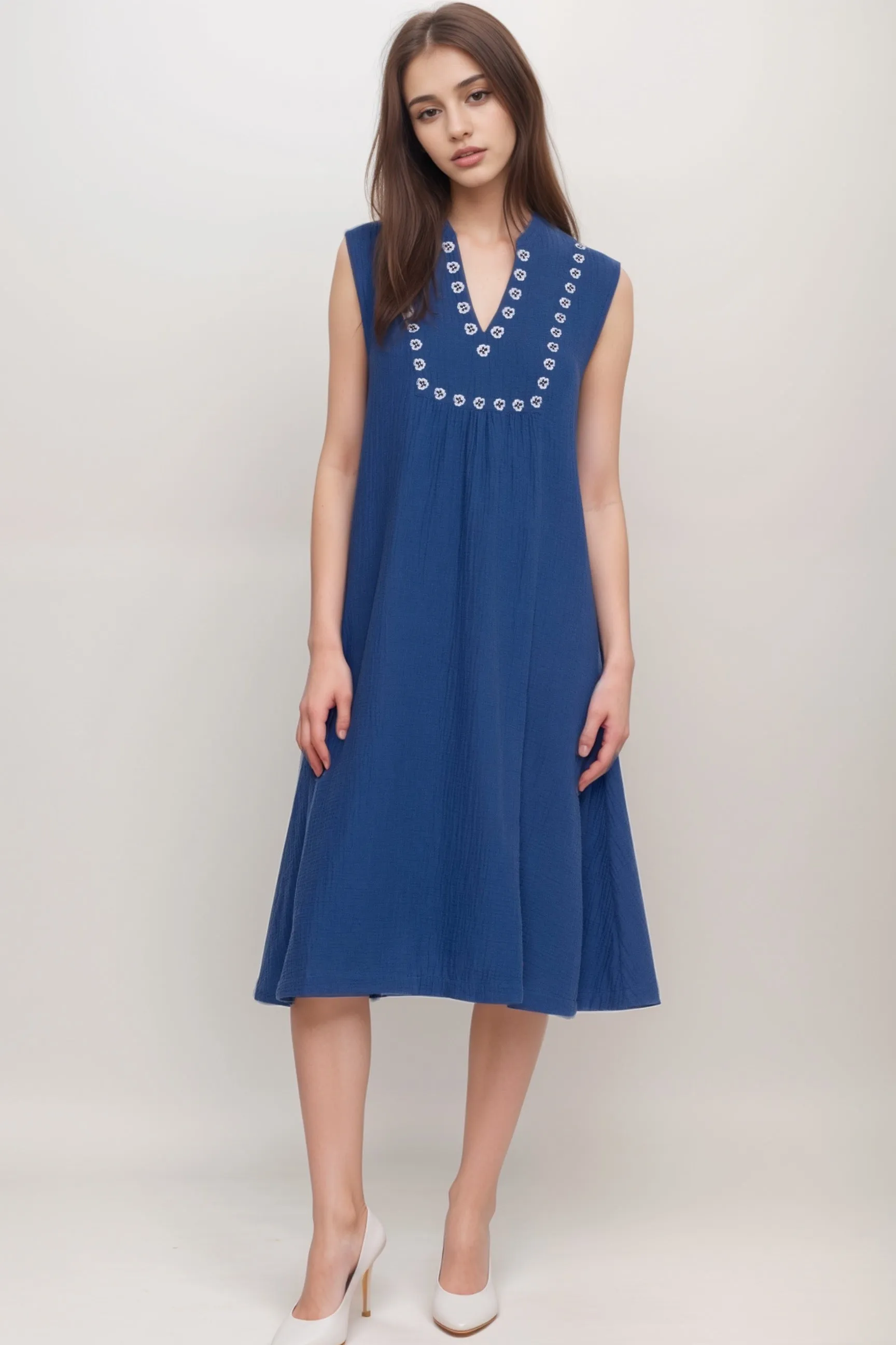 Johnny Was Calme Blue Gauze Mandarin Collar Trapeze Dress R38624-8