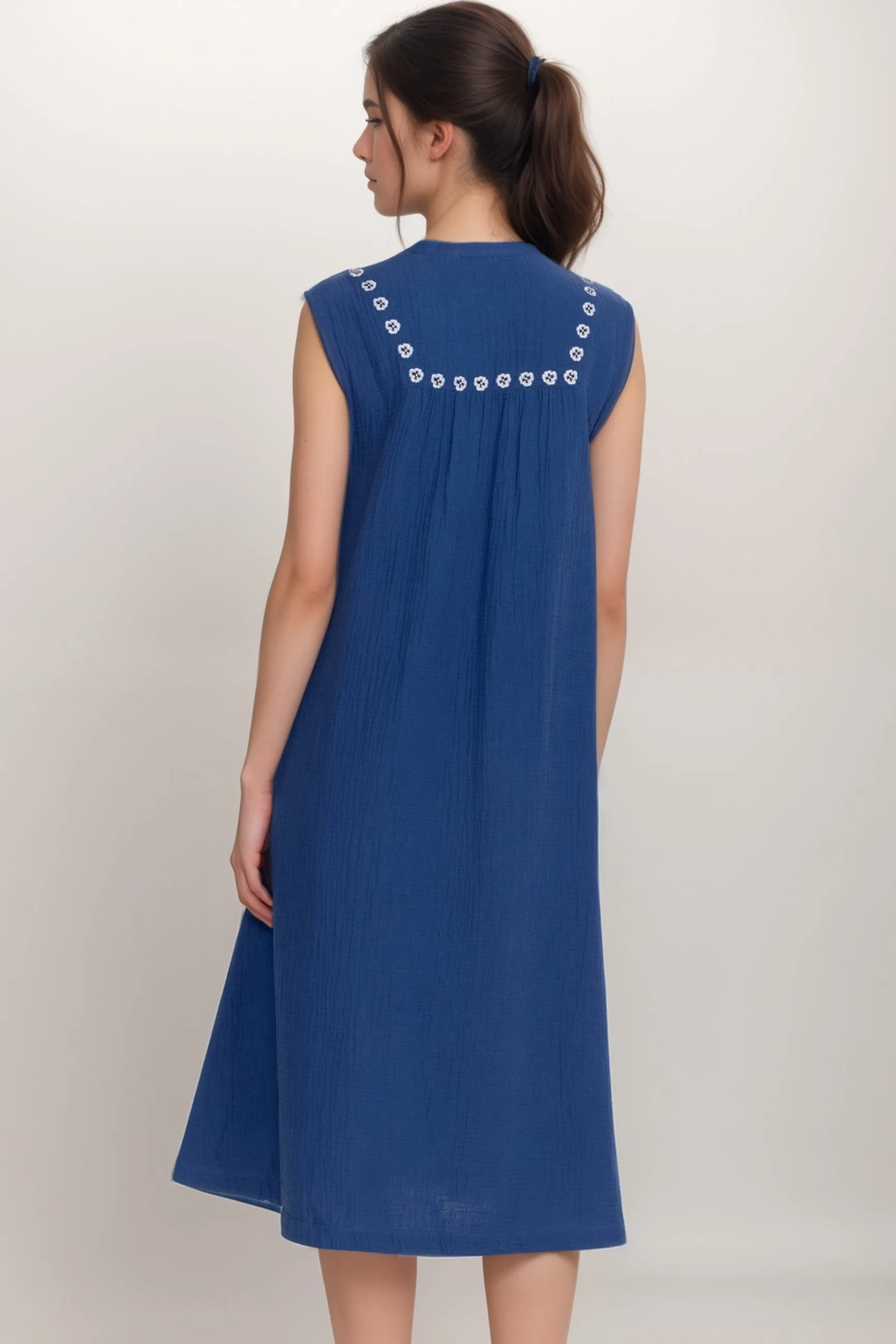 Johnny Was Calme Blue Gauze Mandarin Collar Trapeze Dress R38624-8
