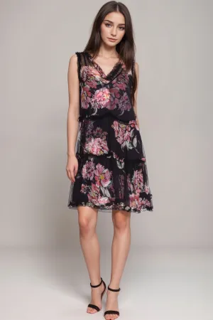 Johnny Was Jade Black Perrie Ruffle Silk Mini Dress L31724O