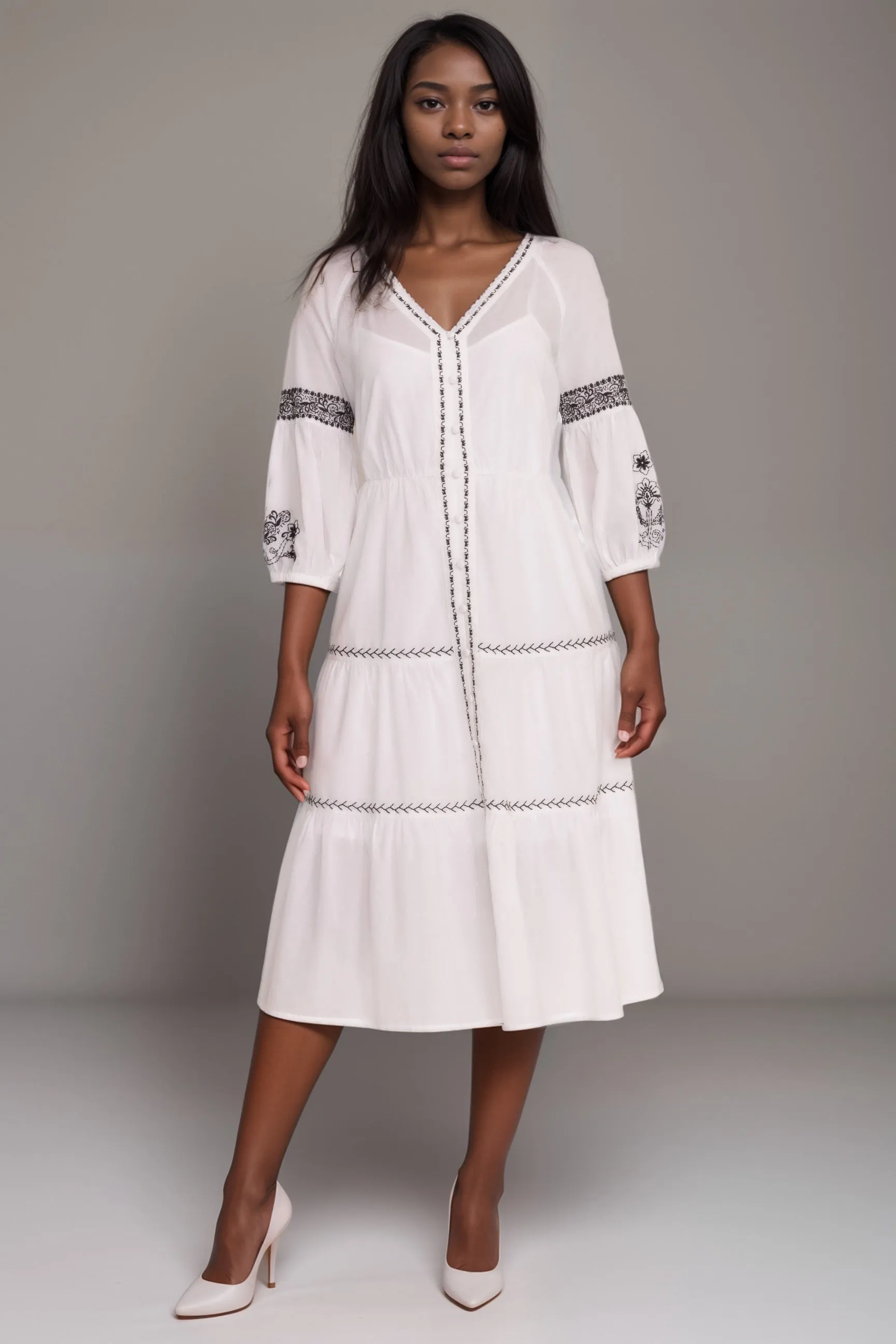 Johnny Was Jade White Cameron Tiered Midi Dress L32824-6