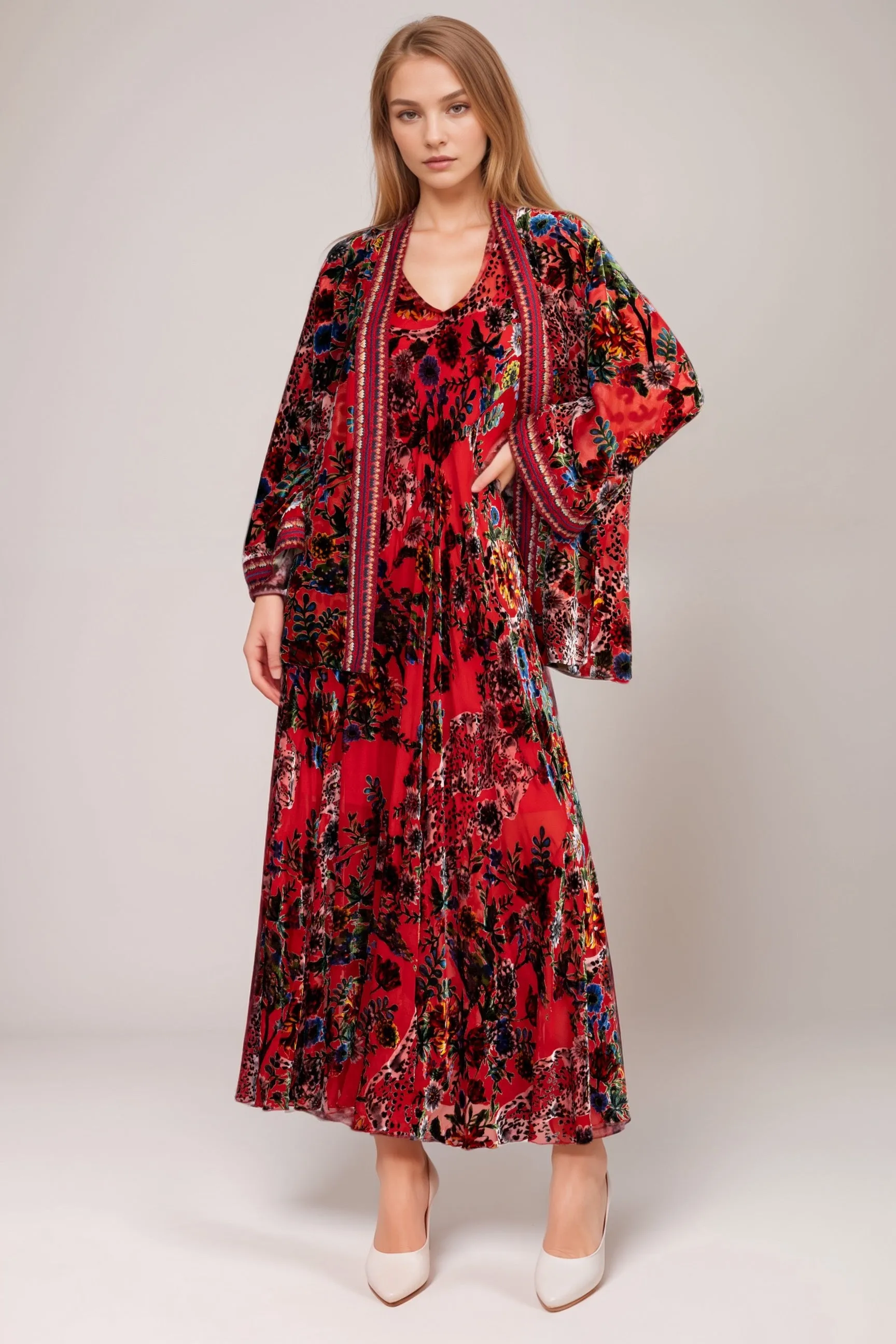 Johnny Was Red Bias Floral Maxi Dress C36524BO