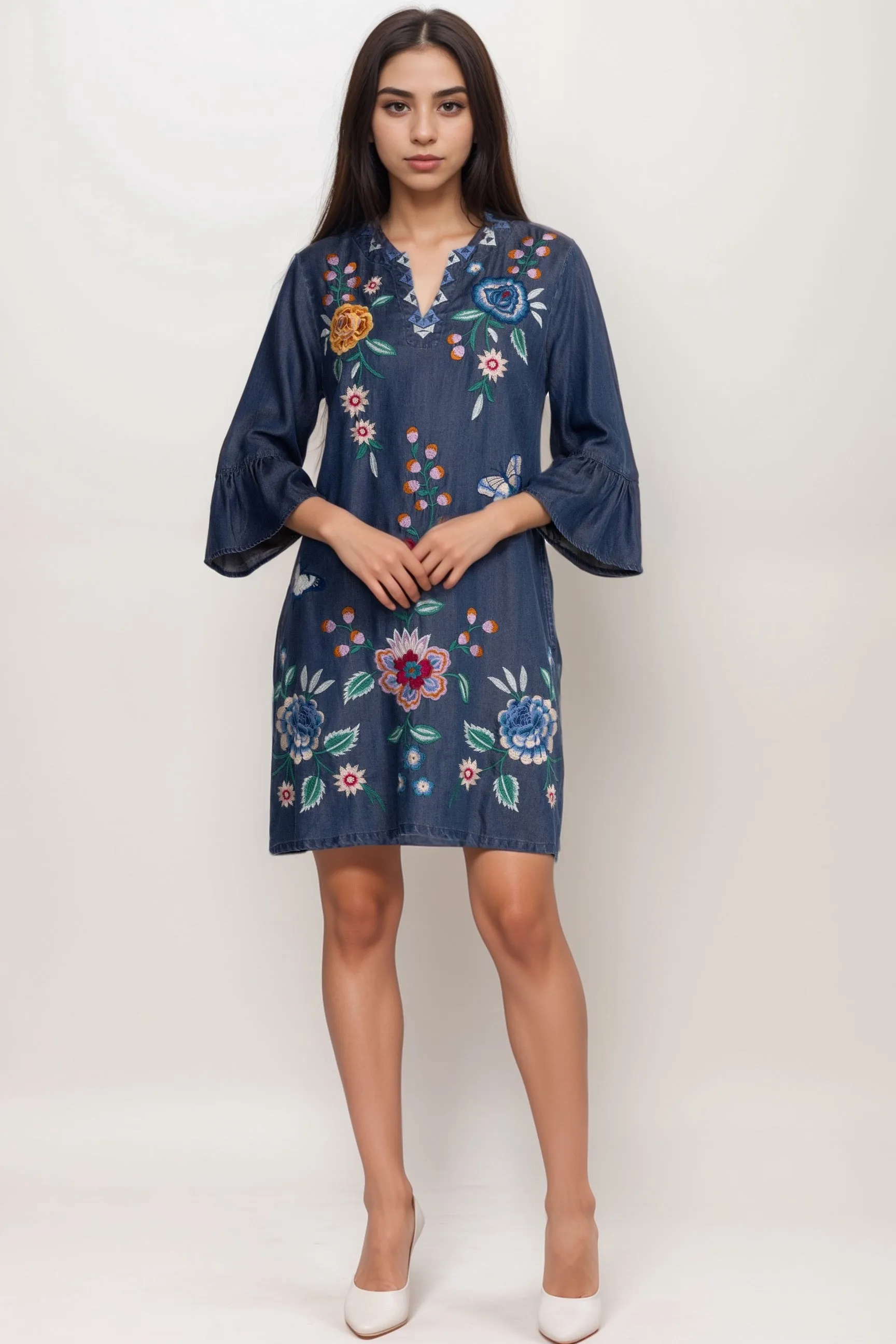 Johnny Was Workshop Blue Taymia Ruffle Sleeve Dress W38824