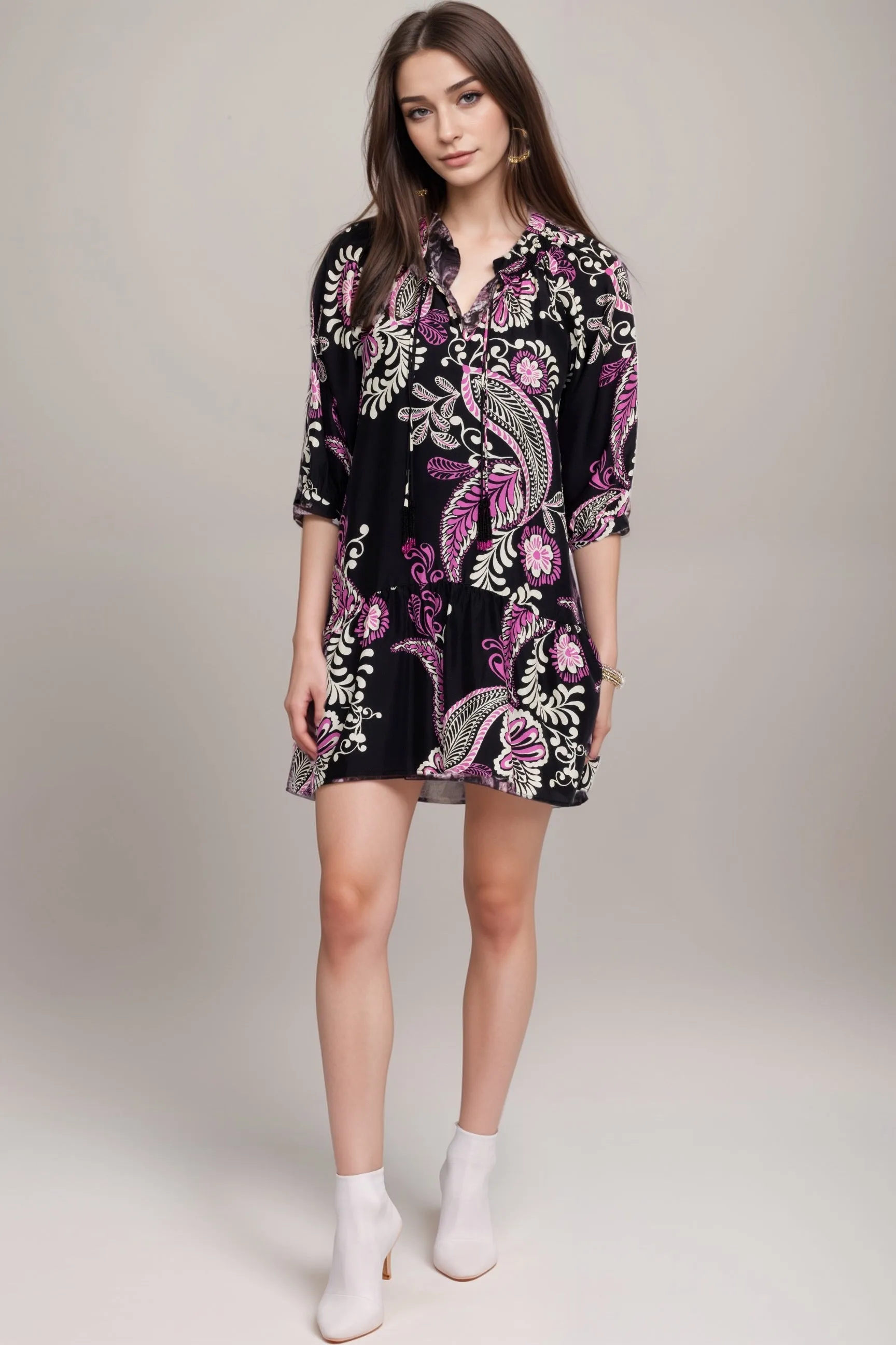 Johnny Was Workshop Paisley Tiered Tassel Silk Dress W37024