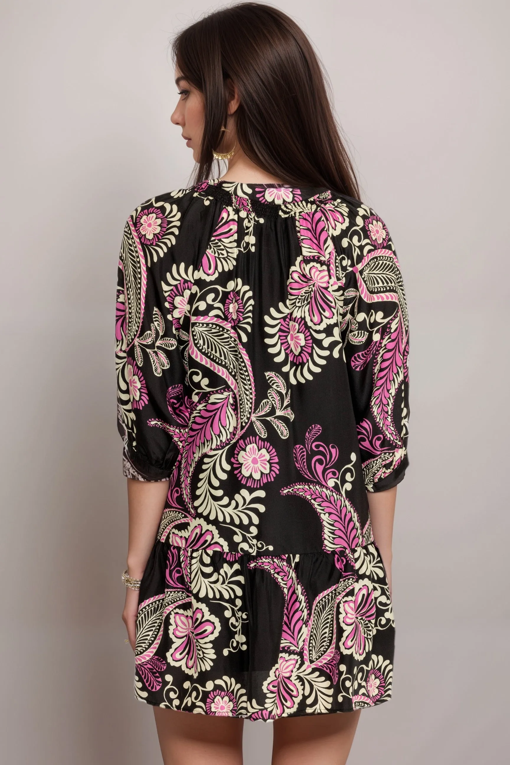 Johnny Was Workshop Paisley Tiered Tassel Silk Dress W37024
