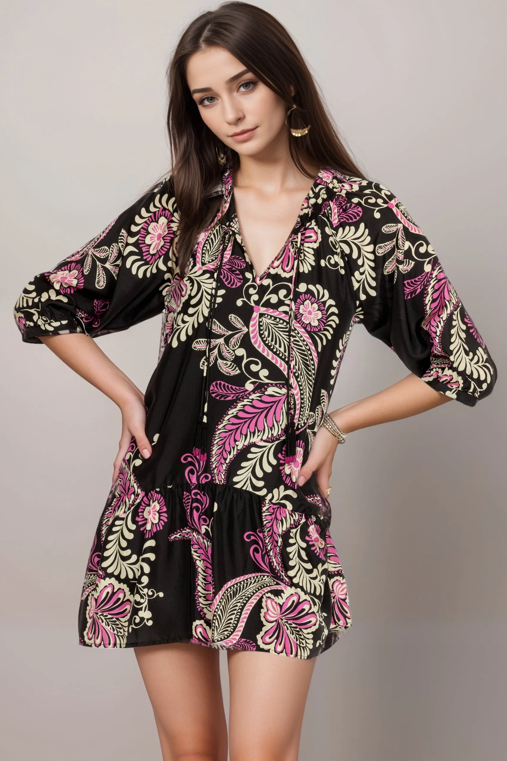 Johnny Was Workshop Paisley Tiered Tassel Silk Dress W37024