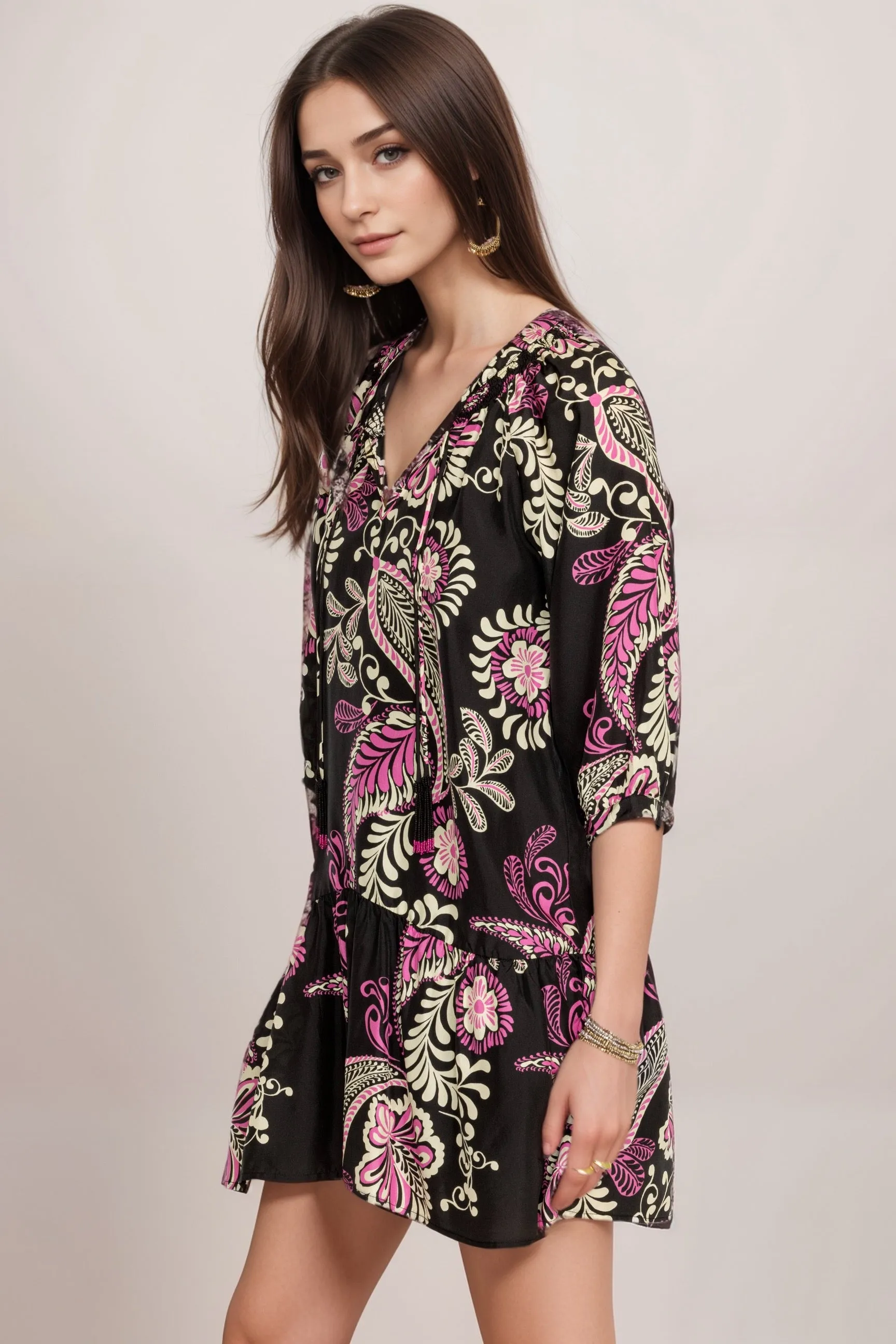 Johnny Was Workshop Paisley Tiered Tassel Silk Dress W37024