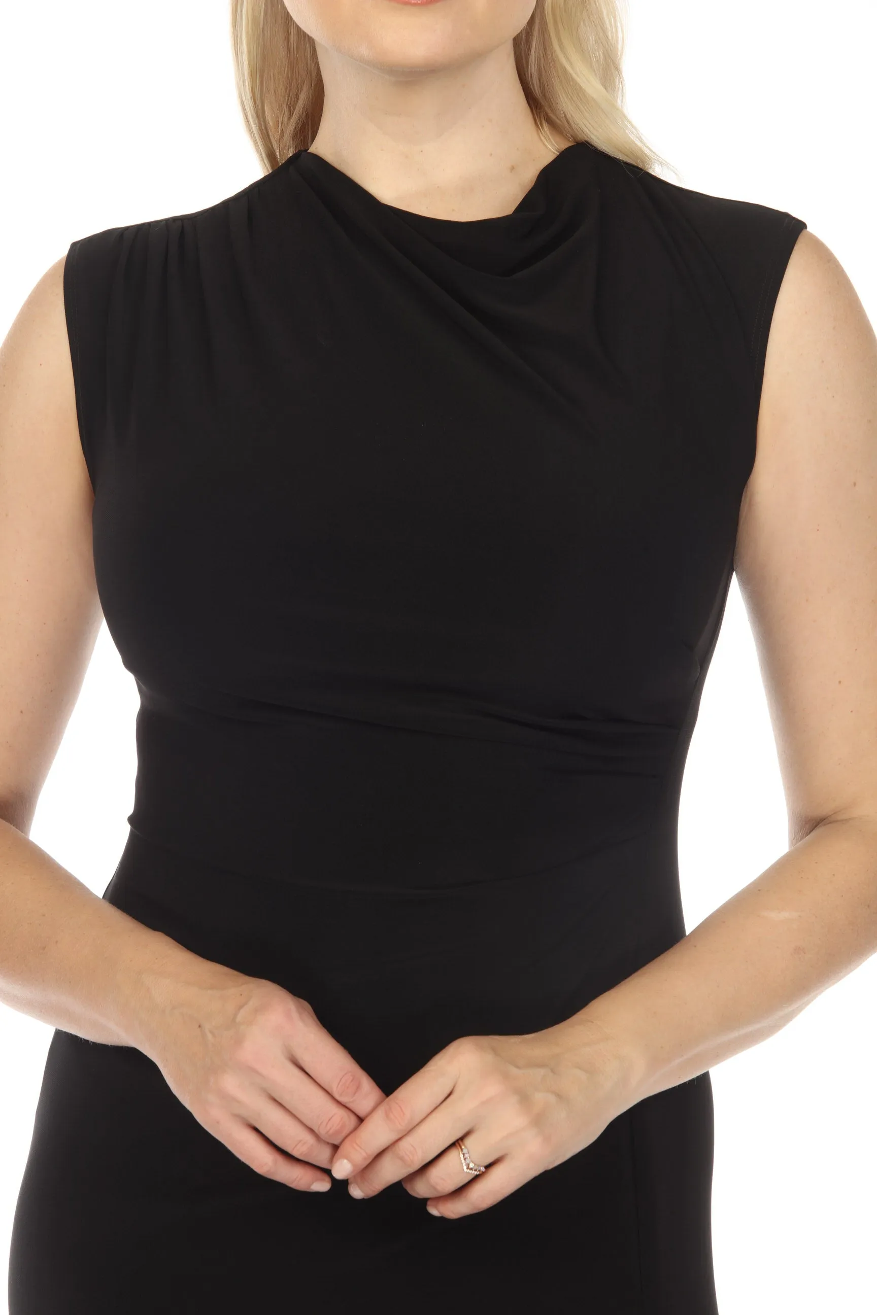 Joseph Ribkoff Black Draped Neck Sleeveless Fitted Sheath Dress 233211