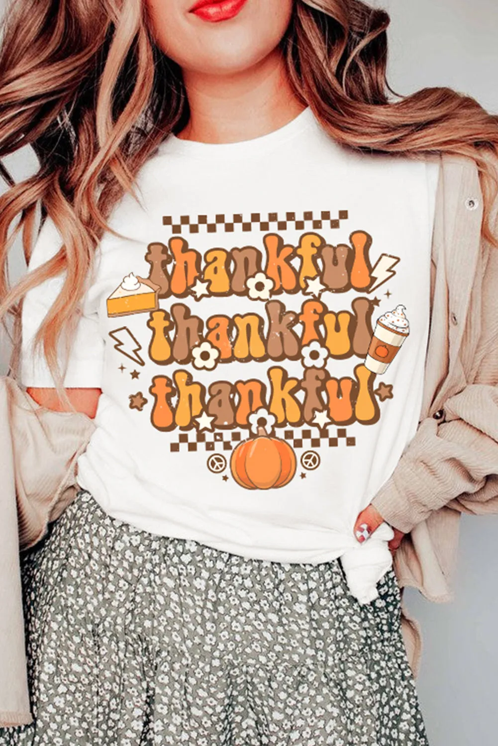 Khaki thankful Crew Neck Thanksgiving Graphic Tee