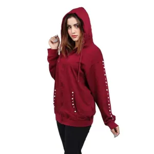 MandJ Max Maroon Pearl Embellished Hoodie For Women