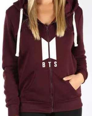Maroon Fleece BTS Zipper Hoodies For Women
