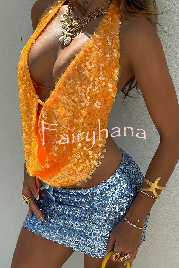 Mermaid Princess Sequins Cowl Neck Halter Backless Top