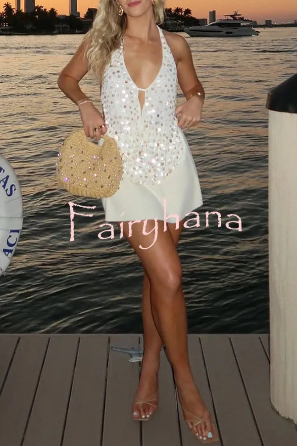 Mermaid Princess Sequins Cowl Neck Halter Backless Top