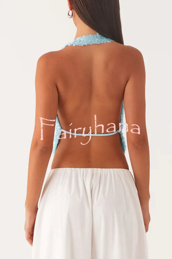 Mermaid Princess Sequins Cowl Neck Halter Backless Top