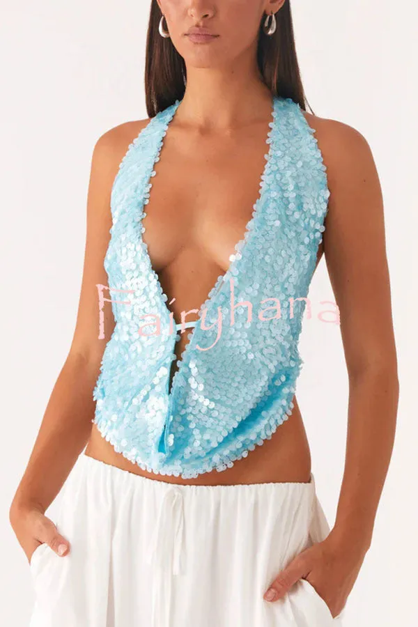 Mermaid Princess Sequins Cowl Neck Halter Backless Top
