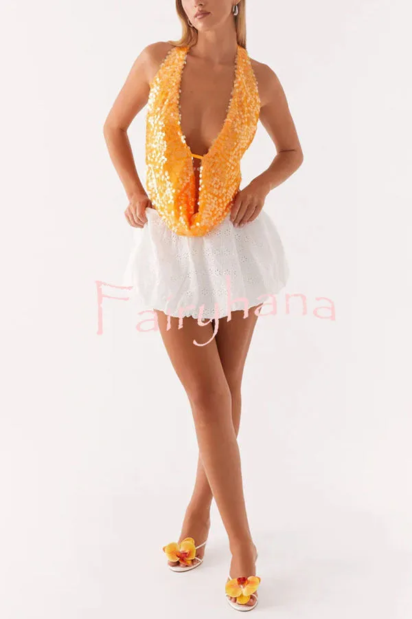 Mermaid Princess Sequins Cowl Neck Halter Backless Top