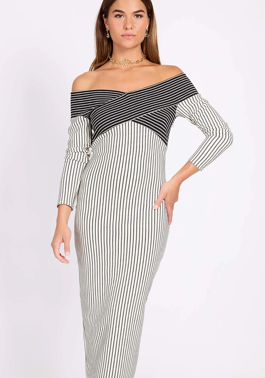 Monochrome Striped Textured Midi Dress - Cream/black