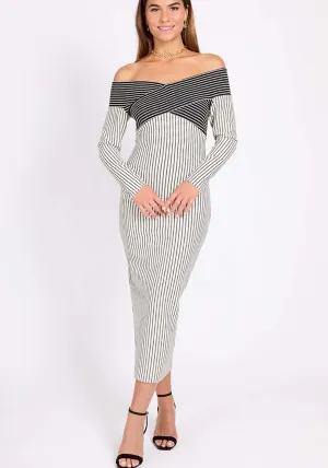 Monochrome Striped Textured Midi Dress - Cream/black