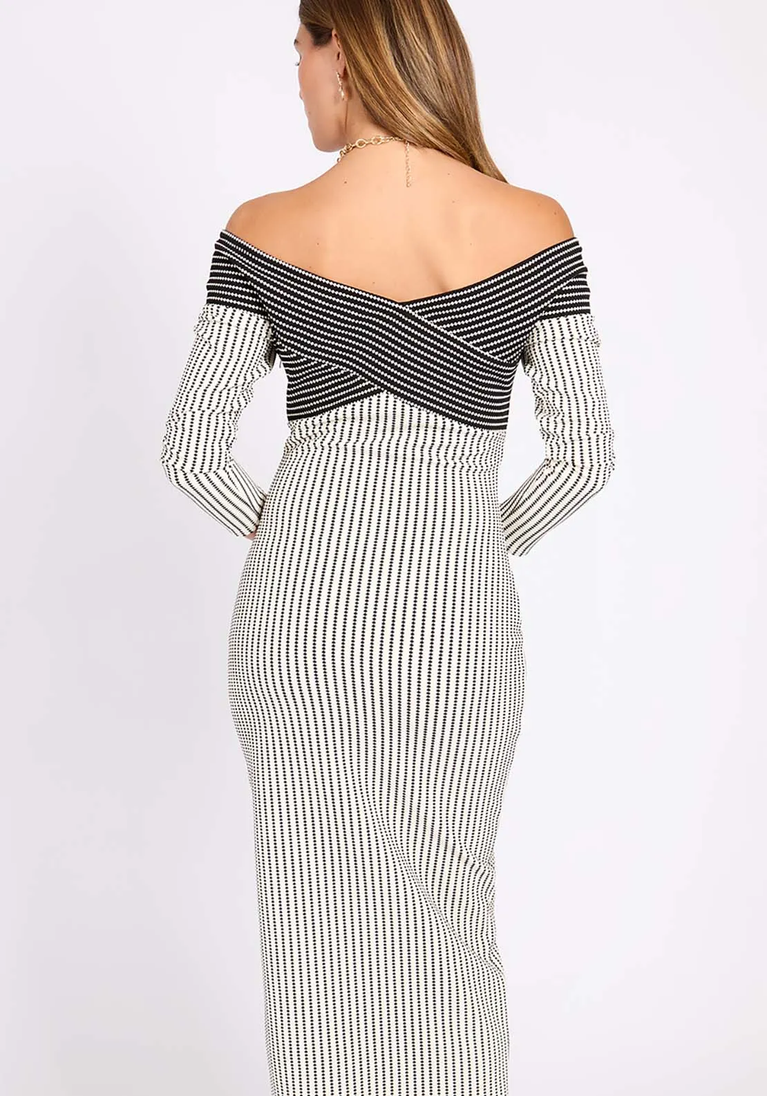 Monochrome Striped Textured Midi Dress - Cream/black