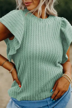 Moonlight Jade Solid Color Textured Flutter Sleeve Top