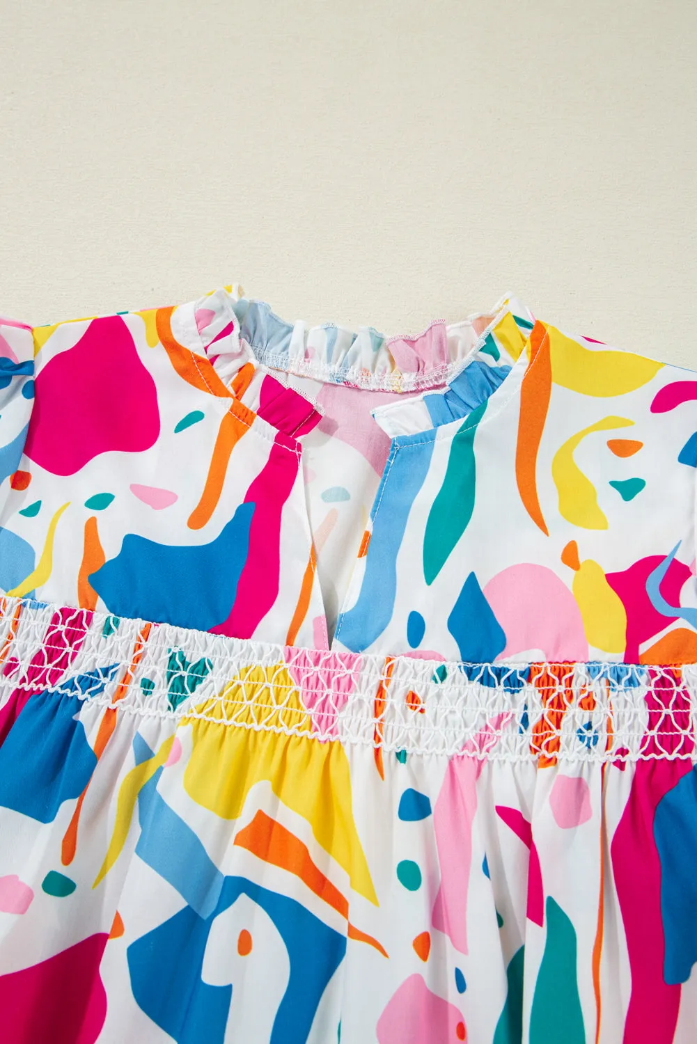 Multicolour Abstract Print Lace Detail Shirred Short Sleeve Split Neck Blouse