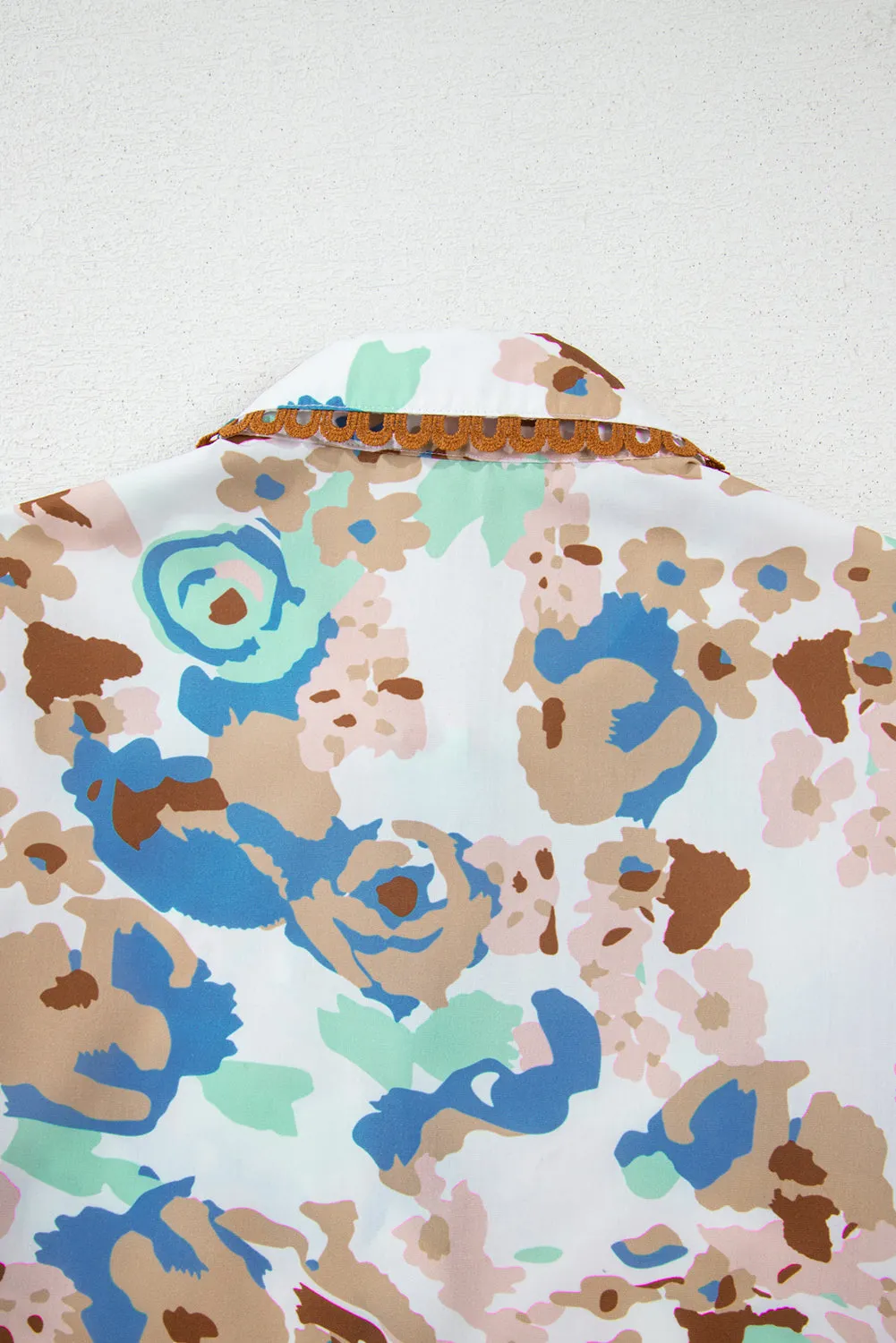 Multicolour Floral Print Ricrac Trim Collared Puff Short Sleeve Shirt