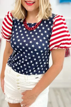 Navy Blue 4th Of July Puff Sleeve T Shirt