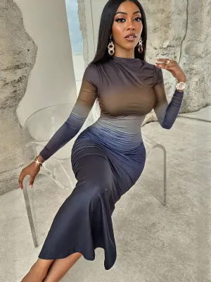 Navy Blue Fitted Mesh   Maxi Dress