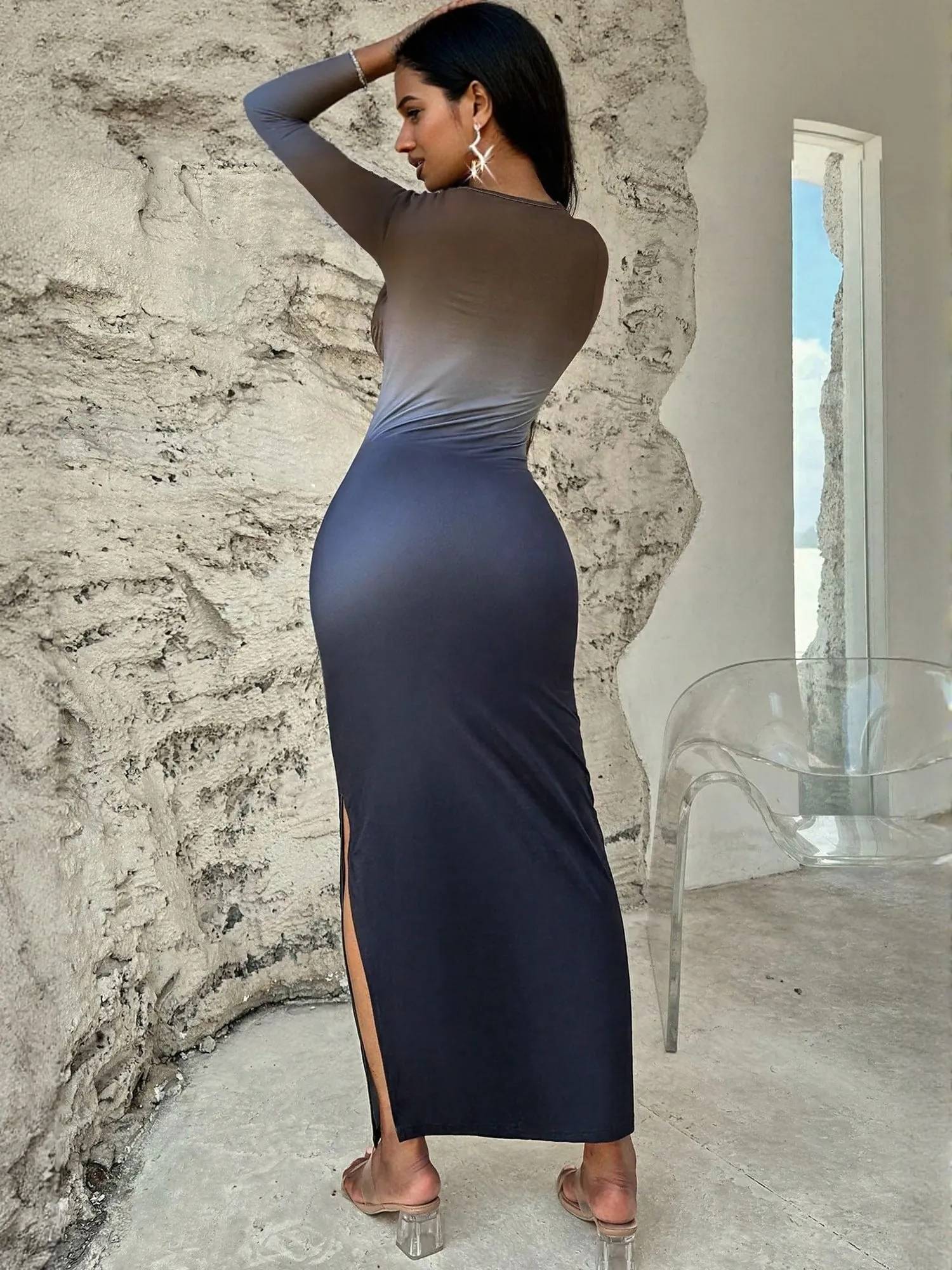 Navy Blue Fitted Mesh   Maxi Dress