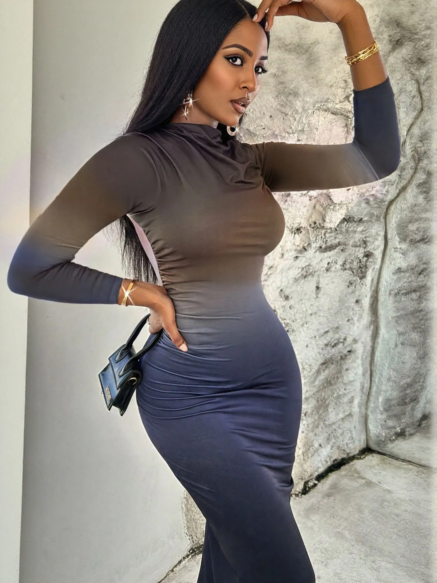 Navy Blue Fitted Mesh   Maxi Dress