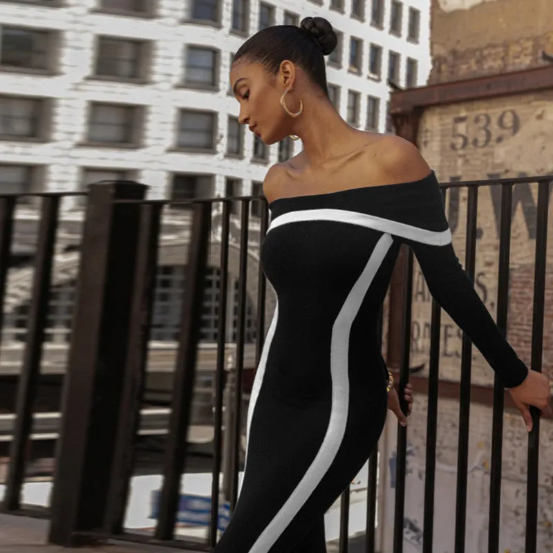 Off Shoulder Contrasting Taping Fitted Dress
